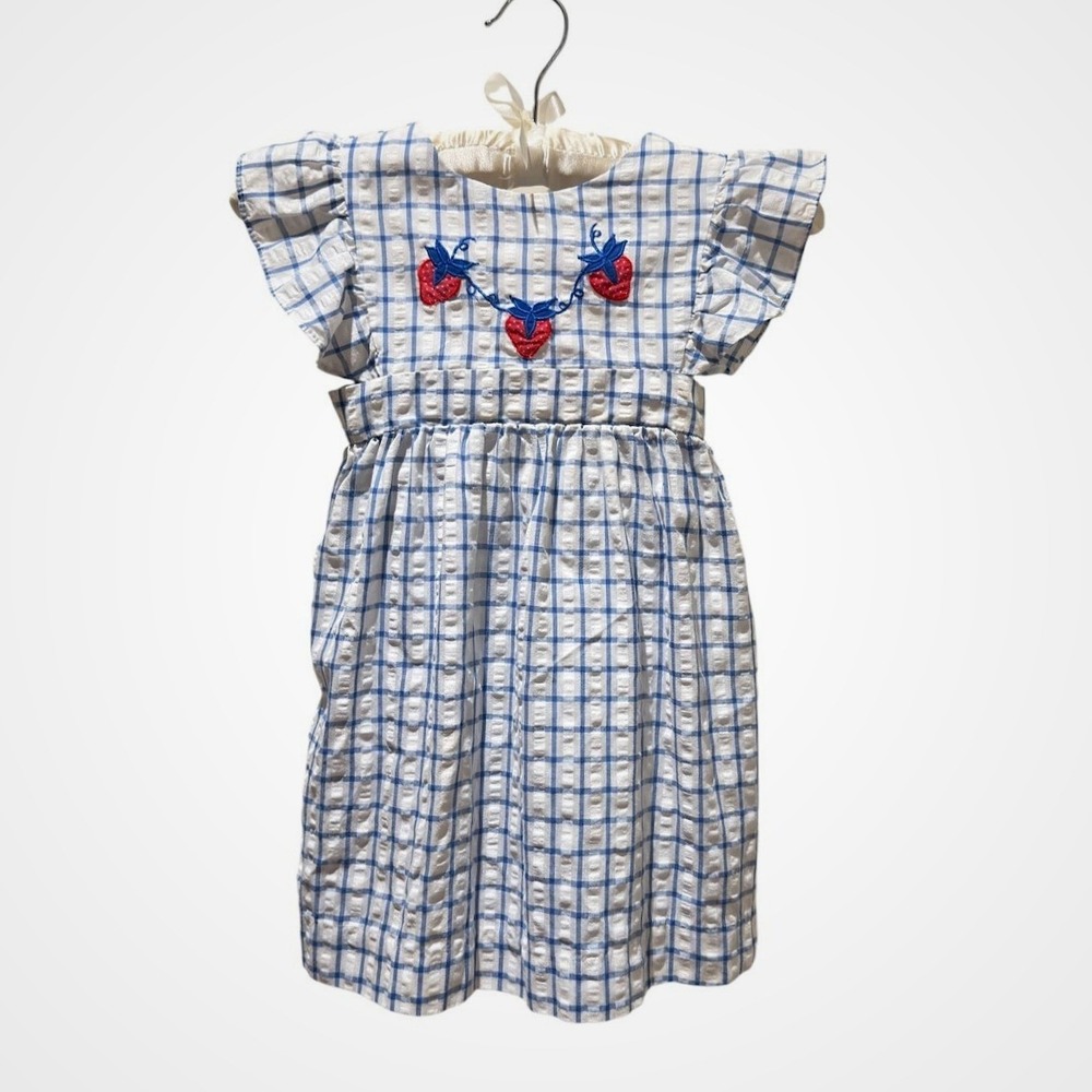 Vintage Girls 4T Strawberry Embroidered Blue Check Seersucker  Dress 4th of July